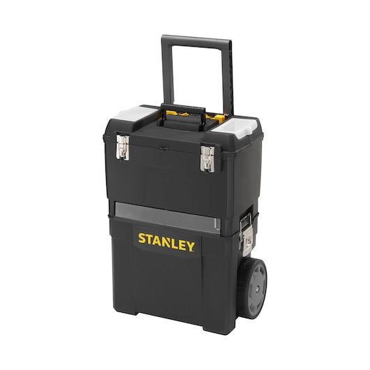 STANLEY 1-93-968 verrijdbare gereedschapskist met telescopische handgreep, zwart met geel logo, witte achtergrond, vooraanzicht.