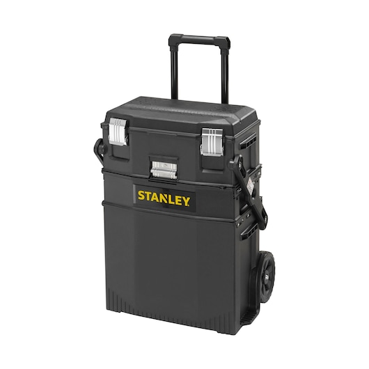 STANLEY 1-94-210 boîte à outils noire sur roulettes avec poignée télescopique et loquets latéraux, angle avant, photographie.