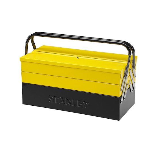 Boîte à outils métallique à compartiments STANLEY 1-94-738 jaune et noire, vue de face sur fond blanc.