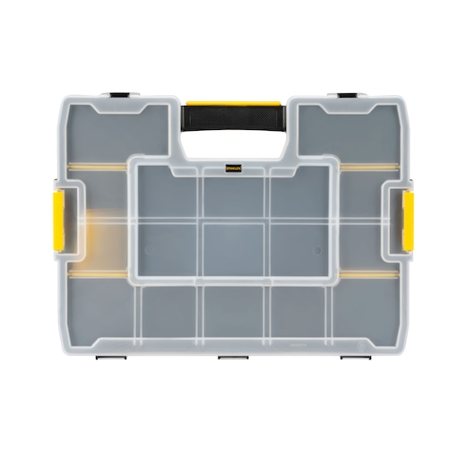 STANLEY 1-94-745 organiseur en plastique transparent avec loquets jaunes, vue du dessus sur fond blanc.