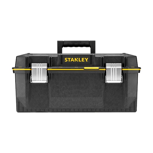 STANLEY 1-94-749 FATMAX boîte à outils noire, accents jaunes, loquets argentés, photo de face.