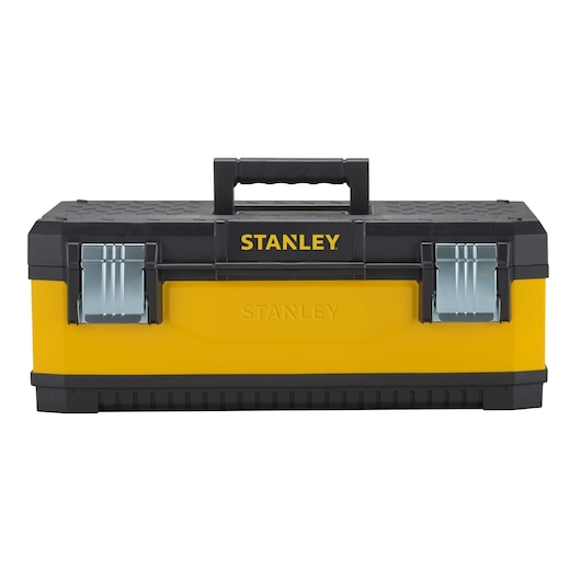 STANLEY 1-95-613 boîte à outils jaune et noire, vue de face avec loquets en métal et poignée supérieure, photographie sur fond blanc.