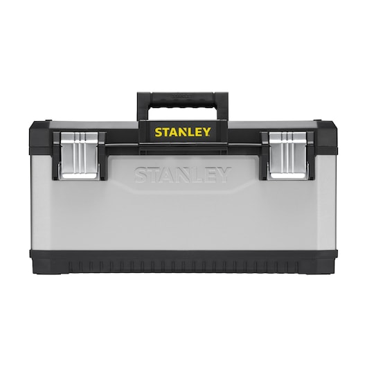 STANLEY 1-95-616 gereedschapskist vooraanzicht, zilverkleurige behuizing met zwart-gele handgreep, twee metalen sluitingen.