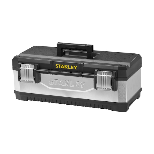 STANLEY 1-95-619 metalen en kunststof gereedschapskist, vooraanzicht, met zwart handvat en twee metalen sluitingen.