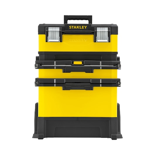 Photo vue avant du coffre à outils roulant jaune et noir STANLEY 1-95-621 avec trois compartiments et poignée supérieure.