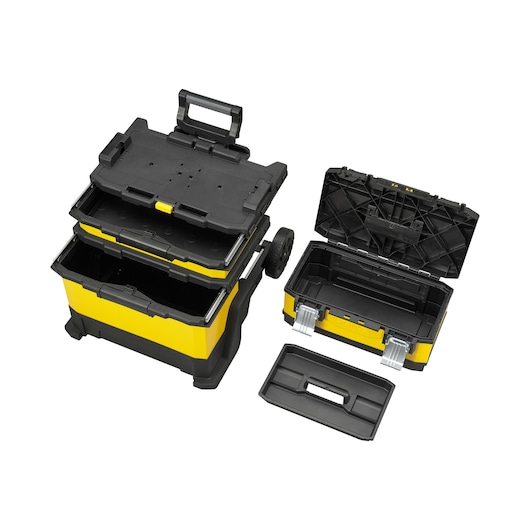 STANLEY 1-95-621 boîte à outils mobile avec compartiments amovibles, noire et jaune, ouverte, vue de dessus en angle.