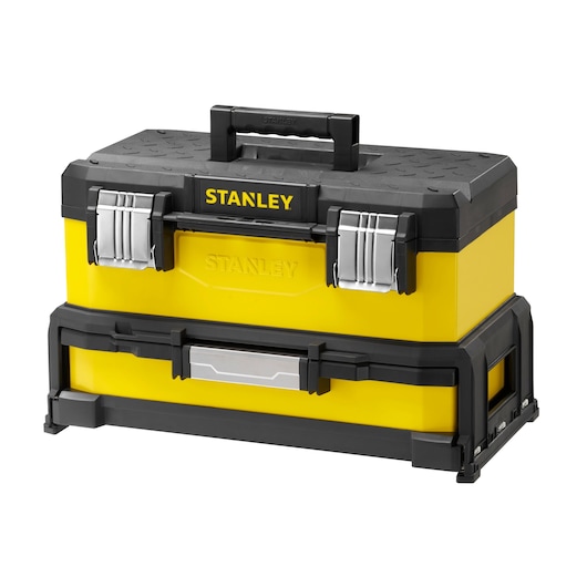 STANLEY 1-95-829 geel-zwarte gereedschapskist met metalen sluitingen, vooraanzicht op witte achtergrond.