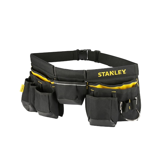 STANLEY 1-96-178 gereedschapsriem met meerdere zwarte en gele vakken, voorkant, op witte achtergrond.