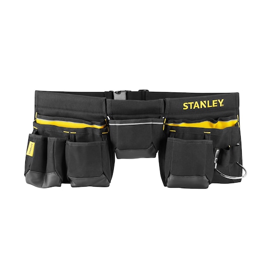 STANLEY 1-96-178 gereedschapsriem fotografie, zwart en geel, meerdere zakken, vooraanzicht, witte achtergrond.
