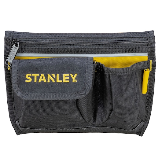 STANLEY 1-96-179 zwarte stoffen gereedschapstas met meerdere zakken, vooraanzicht, gele accenten.
