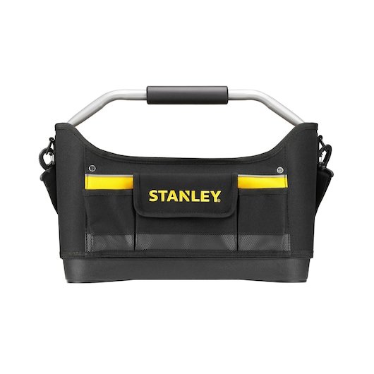 STANLEY 1-96-182 open zwart-gele gereedschapstas met handvat, frontaal gefotografeerd op witte achtergrond.