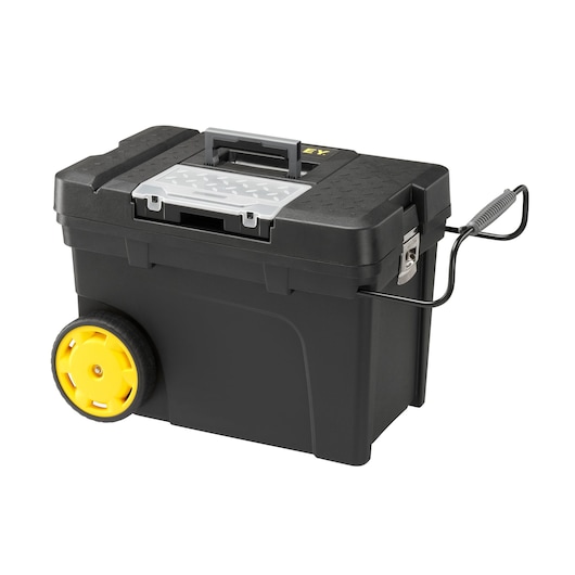 STANLEY 1-97-503 boîte à outils roulante avec roues jaunes, corps noir et organiseur supérieur, photo de face.