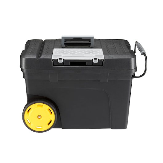 STANLEY 1-97-503 boîte à outils à roulettes avec roues jaunes, corps noir, couvercle gris, photo de face.