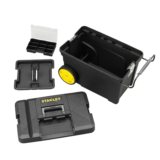 STANLEY 1-97-503 boîte à outils roulante noire ouverte avec roues jaunes, plateau amovible et organiseur, angle fond blanc.