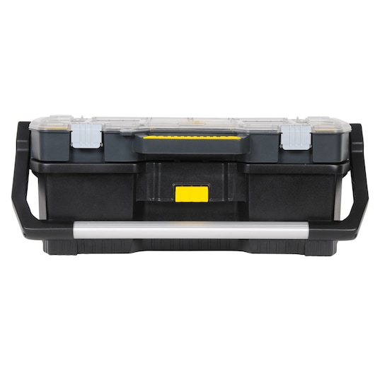 STANLEY 1-97-514 gereedschapskist met transparant deksel, zwarte behuizing, gele accenten, vooraanzicht.