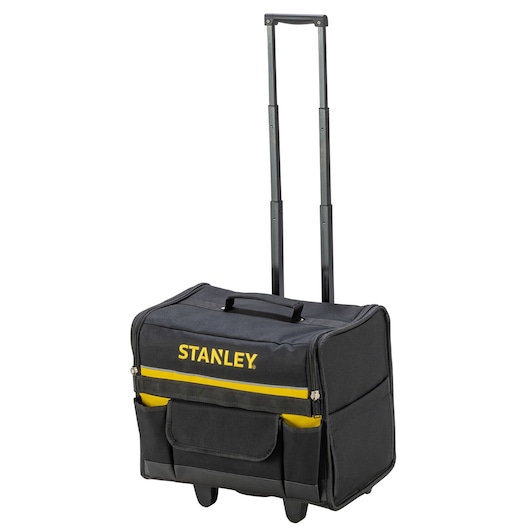STANLEY 1-97-515 rollende gereedschapstas, zwart met gele streep, voorkant, telescopische handgreep uitgeschoven.