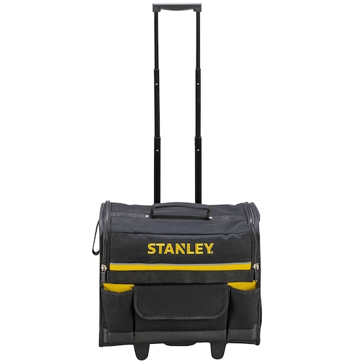 STANLEY 1-97-515 rollende gereedschapstas, zwart met gele accenten, vooraanzicht op witte achtergrond.
