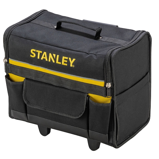 STANLEY 1-97-515 gereedschapstas met handvat, zwart stof, gele streep, foto van voren.
