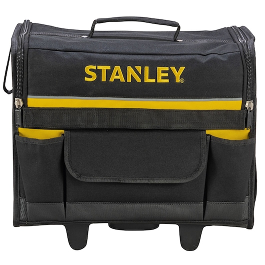 STANLEY 1-97-515 zwarte en gele gereedschapstas met handgreep, voorvak en zijvakken, vooraanzicht.