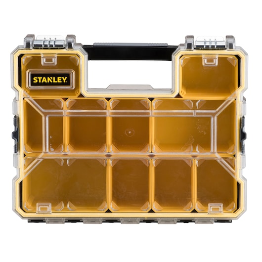 STANLEY 1-97-518 boîte organisatrice en plastique jaune avec couvercle transparent, vue du dessus, compartiments.