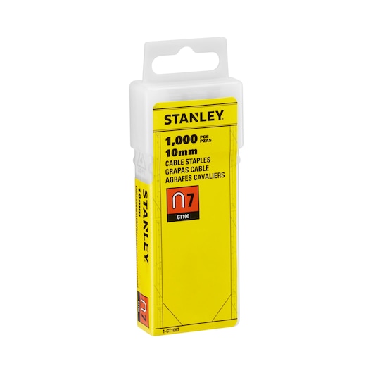 STANLEY 1-CT106T cavaliers de câble 10 mm, boîte jaune de 1000 pièces, vue de face en angle.
