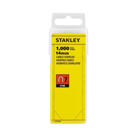 STANLEY 1-CT109T cavaliers pour câbles 14mm, 1 000 pièces, emballage jaune et noir, vue de face, photographie.