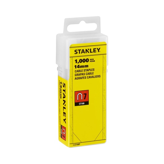STANLEY 1-CT109T boîte d'agrafes câble, 1000 pièces, 14mm, boîte jaune, vue de face sur fond blanc.