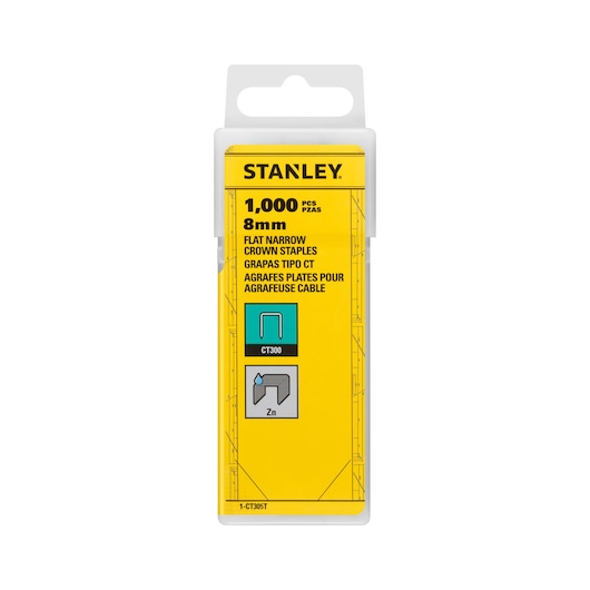 STANLEY 1-CT305T boîte d'agrafes plates à couronne étroite 8mm, 1 000 pièces, vue de face sur fond blanc.