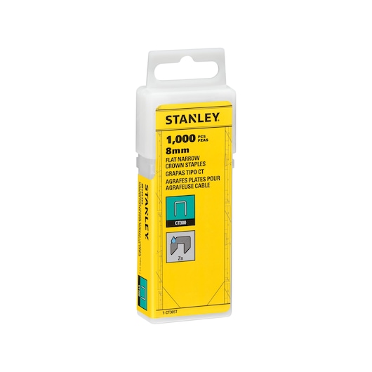 STANLEY 1-CT305T boîte de 1 000 agrafes plates étroites 8mm, emballage jaune et blanc, vue de face.