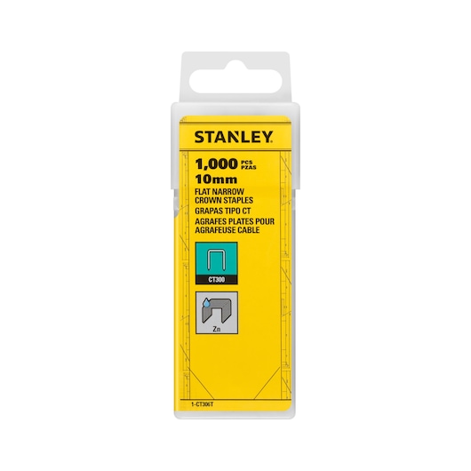 STANLEY 1-CT306T agrafes plates étroites 1000 pièces 10mm, boîte jaune, vue de face.