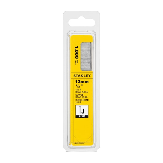 STANLEY 1-SWK-BN050T 12mm bradnagels verpakking, gele label, vooraanzicht, fotografie categorie