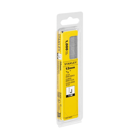 STANLEY 1-SWK-BN050T 18GA bradnagels, 12mm, 1000 stuks, gele verpakking, product hoek naar rechts.