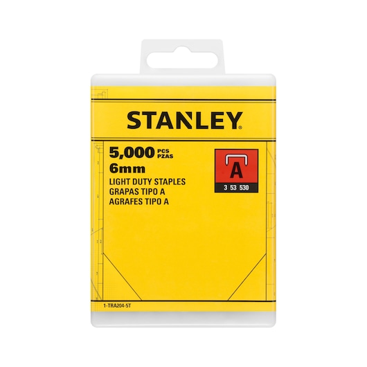 Stanley 1-TRA204-5T agrafes usage léger, paquet de 5000 pièces type A 6mm, angle avant, emballage jaune