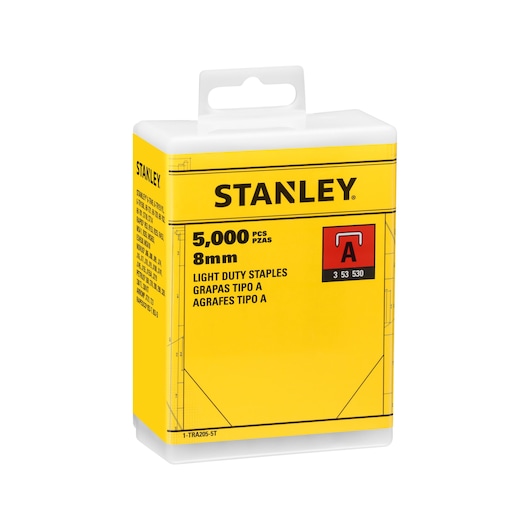 Boîte de 5 000 agrafes légères 8mm STANLEY 1-TRA205-5T, emballage jaune, vue de face en angle.