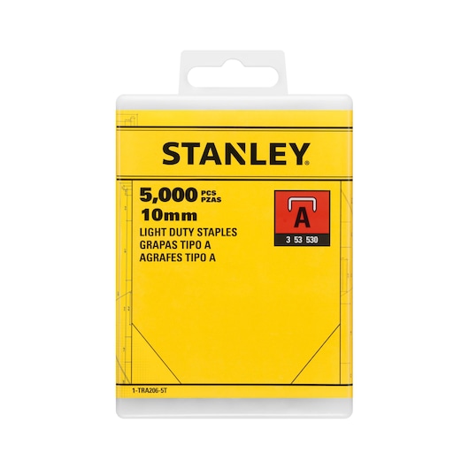 STANLEY 1-TRA206-5T paquet d’agrafes légères 10mm, vue avant jaune, 5 000 pièces, catégorie photographie.