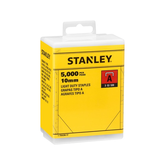 Photo de la boîte d’agrafes légères STANLEY 1-TRA206-5T, emballage jaune, 5 000 pièces, 10 mm, vue de face.