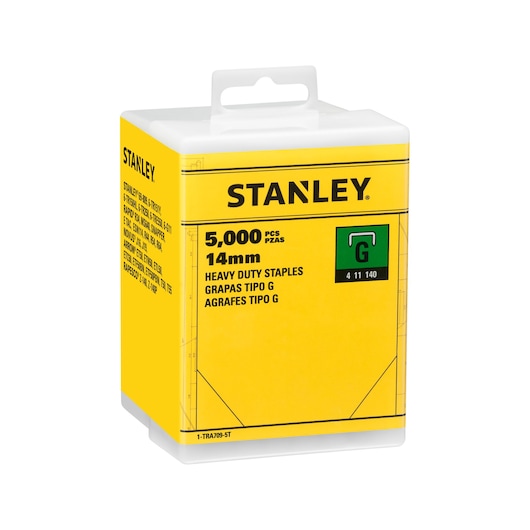 STANLEY 1-TRA709-5T boîte d'agrafes robustes 14mm, emballage jaune, angle avant, 5 000 pièces.