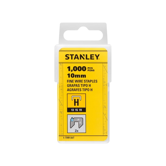 Stanley 1-TRR136T boîte d'agrafes fil fin, 10mm, 1000 pièces, angle avant sur fond blanc.