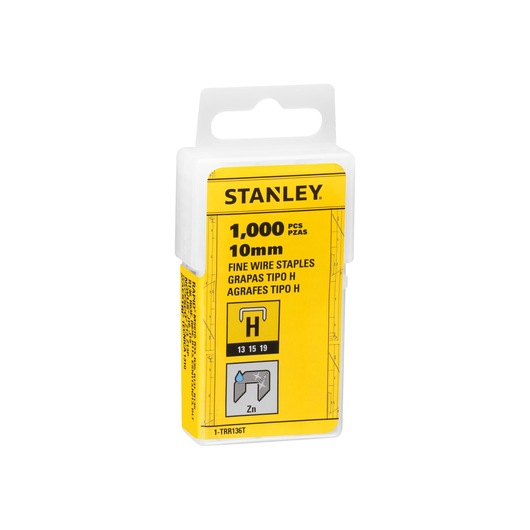 Stanley 1-TRR136T pack d’agrafes fil fin, étiquette jaune, 1 000 pièces, 10 mm, vue de face, photographie.