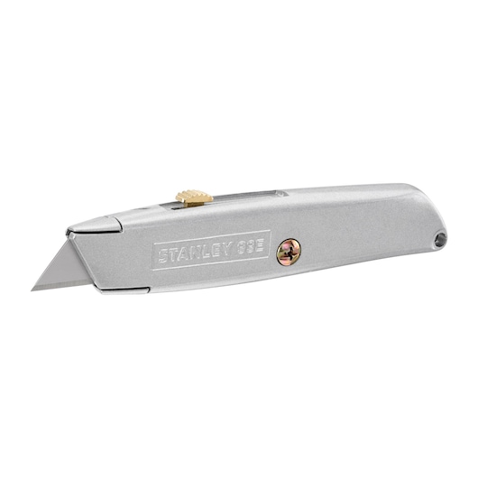 STANLEY 2-10-099 couteau utilitaire argenté, vue en angle, corps en métal avec lame apparente et vis en laiton.