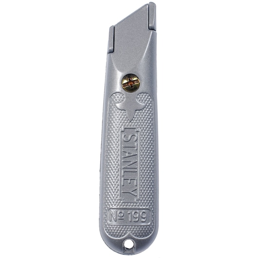 STANLEY 2-10-199 couteau utilitaire argenté, angle avant, poignée texturée, vis unique.