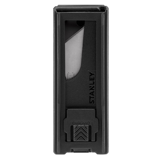Distributeur de lames STANLEY 2-11-987 noir, angle frontal, fenêtre transparente montrant les lames à l'intérieur.
