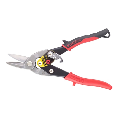 STANLEY 2-14-562 blikschaar met rood-zwarte handgrepen, linkse snede, zijaanzicht op witte achtergrond.