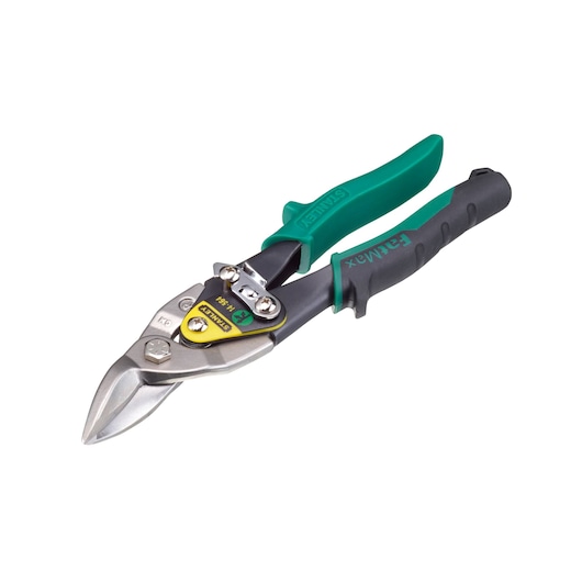 STANLEY 2-14-564 plaatwerkschaar met groene en zwarte handgrepen, schuine aanzicht op witte achtergrond.