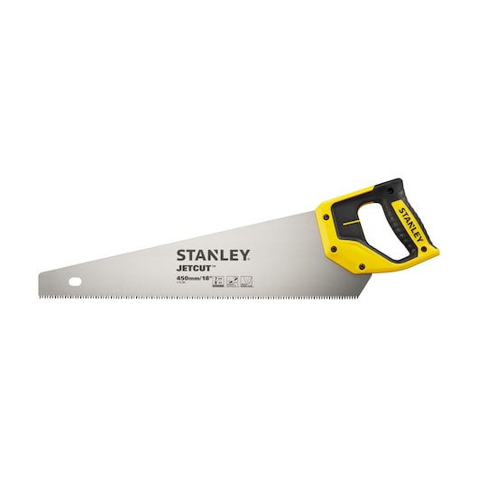 STANLEY 2-15-283 Jetcut handzaag, 450mm blad, gele en zwarte handgreep, zijaanzicht, fotografie.