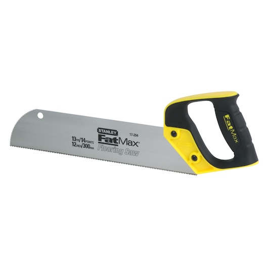 Photo de la scie à plancher STANLEY 2-17-204 FatMax avec poignée ergonomique noire et jaune, vue latérale sur fond blanc.
