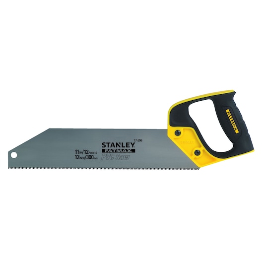 STANLEY 2-17-206 handzaag met gele en zwarte ergonomische handgreep, recht blad, zijaanzicht, fotografieproduct.