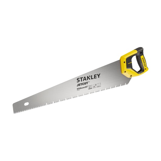STANLEY 2-20-037 scie à main avec poignée jaune et noire, vue latérale, fond blanc.