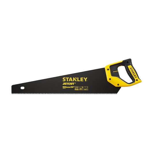 STANLEY 2-20-151 handzaag met geel-zwarte handgreep, zijaanzicht op witte achtergrond.