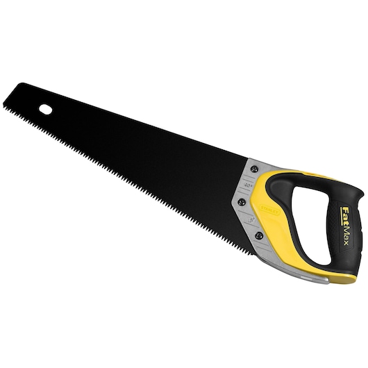 STANLEY 2-20-528 FatMax scie à main, lame noire, poignée ergonomique jaune et noire, vue de face sur fond blanc.